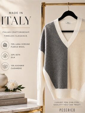 Peserico Italy Wool Silk Cashmere Colorblock V-Neck Sweater Size 44